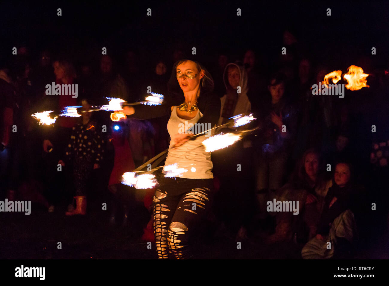 Fire dancer at Beltane Fire Festival, Sussex, UK Stock Photo