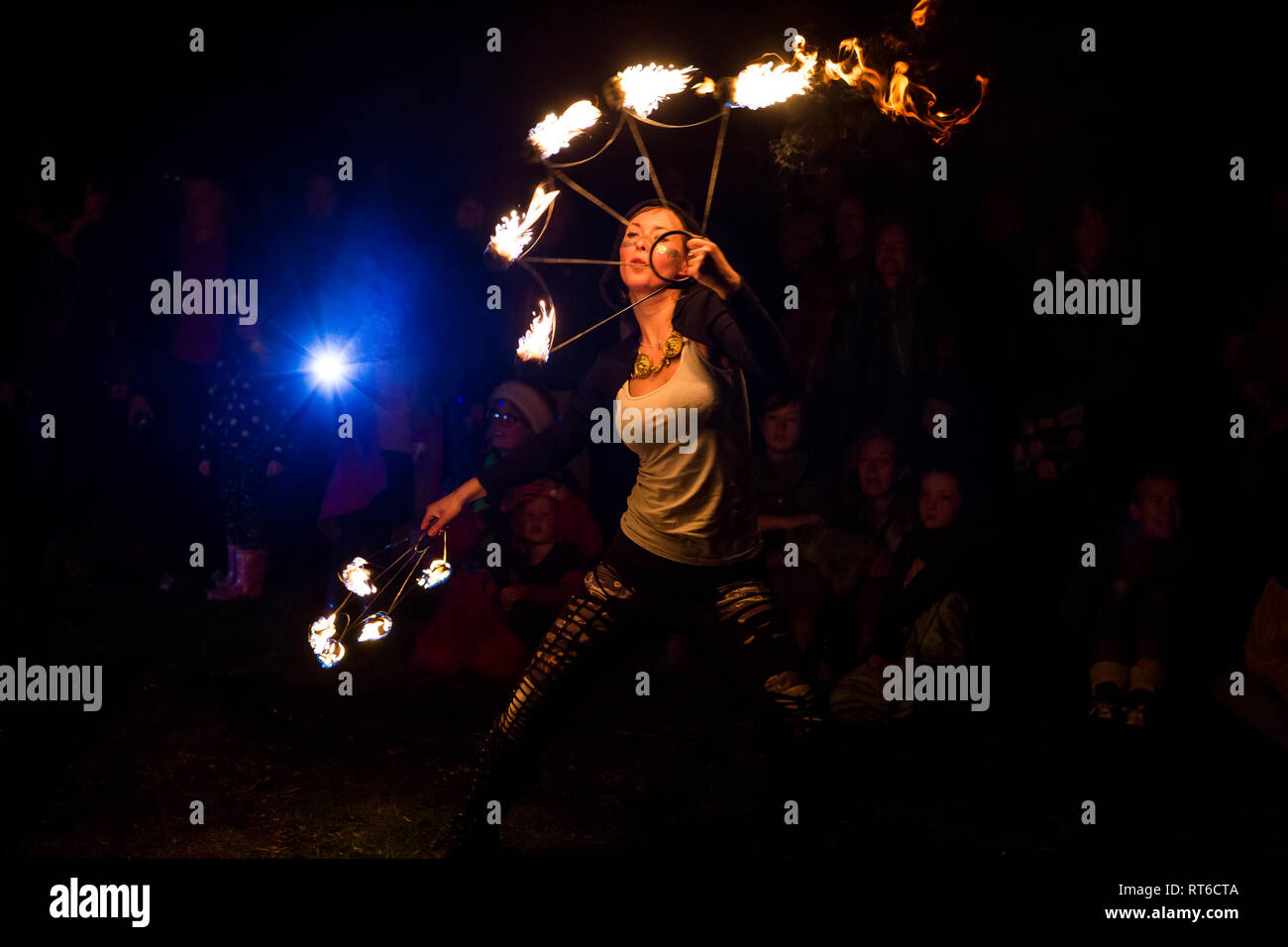 Fire dancer at Beltane Fire Festival, Sussex, UK Stock Photo