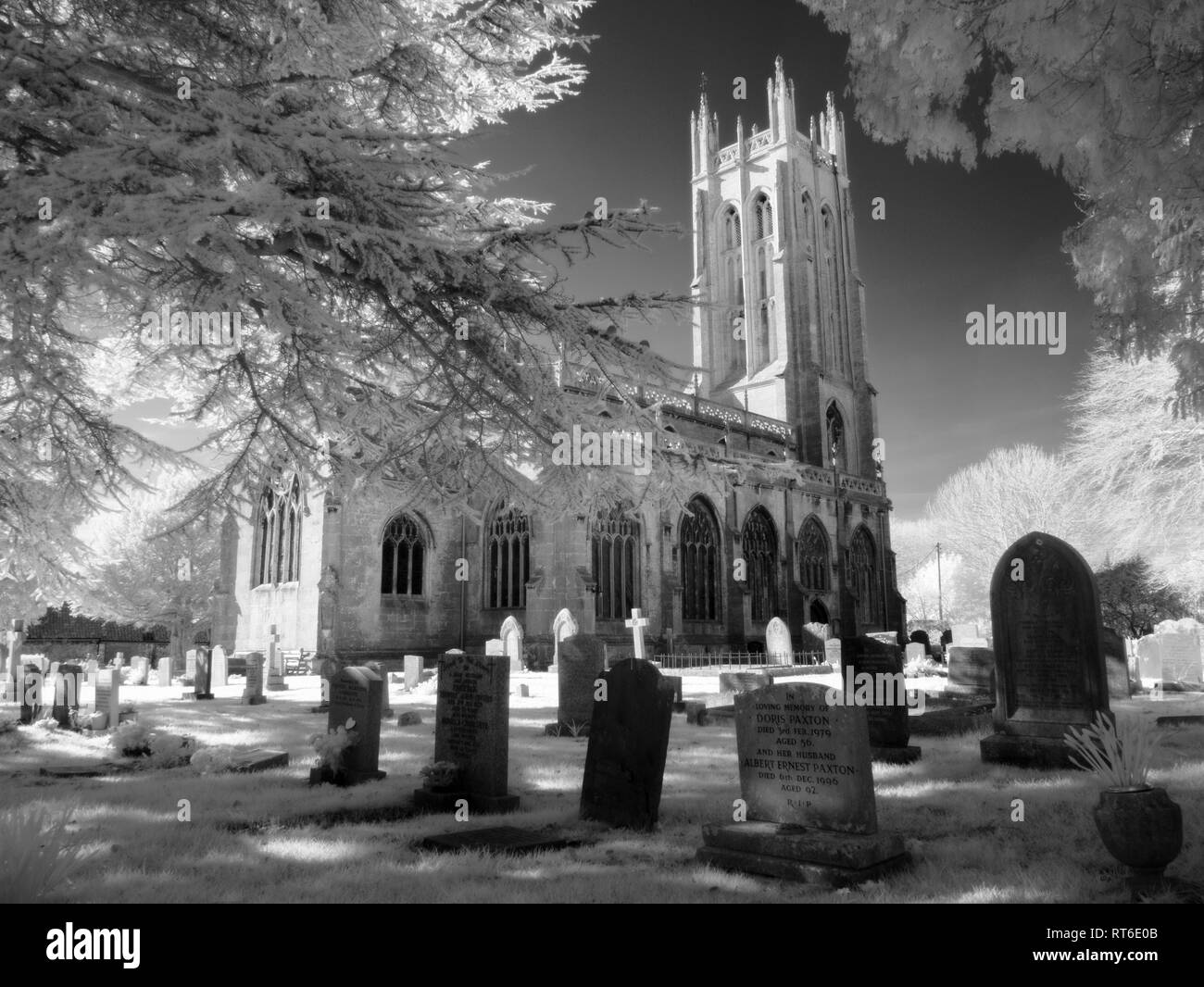 Infrared monochrome of All Saints Church in the North Somerset village of Wrington, England. Stock Photo
