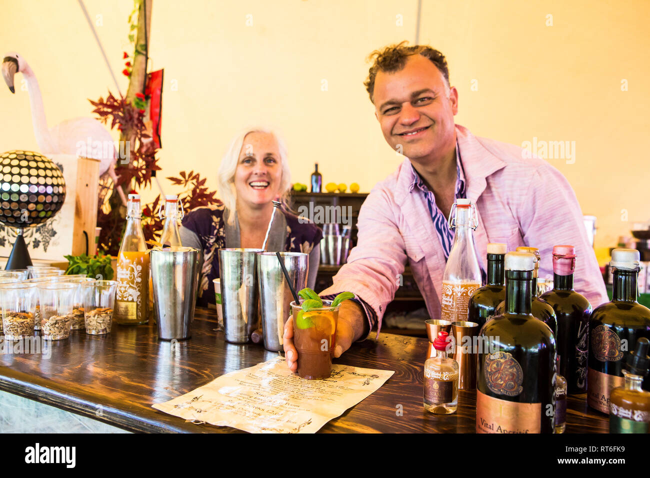 Fantastical Botanicals alcohol free festival bar at Beltane Fire Festival, Sussex, UK Stock Photo