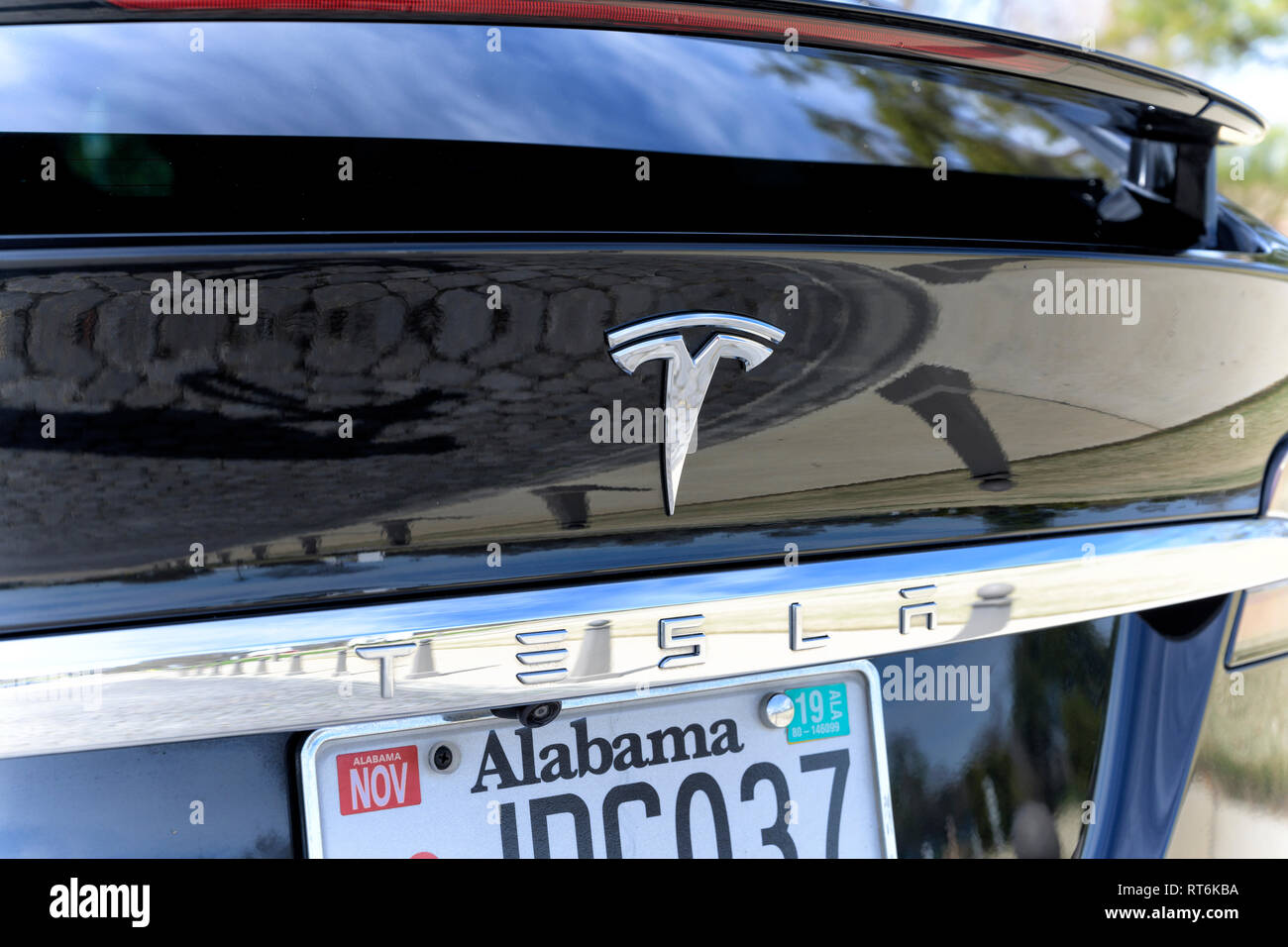 Black Tesla Model X electric car parked on a city street in Montgomery Alabama, USA. Stock Photo