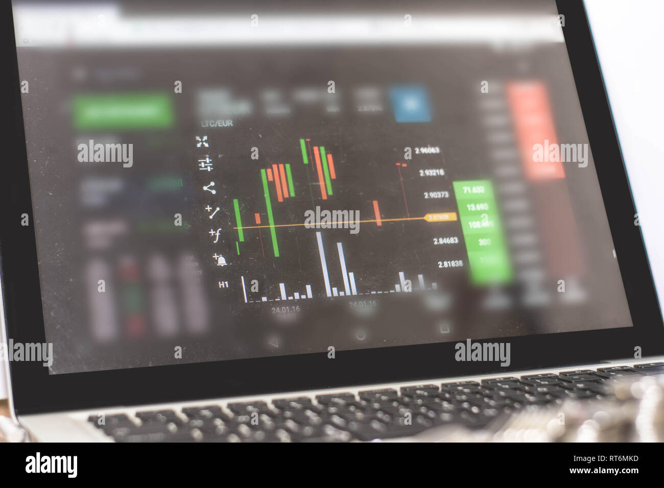 Close Up Of Silver Coi!   n With Monitor Shows Trading Traffic Bitcoin - 