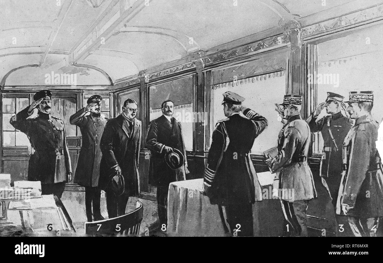 Armistice - Drawing of Recption of German Peace Delegates. Inside the French lines in the railroad car of Marshal Foch. The reception of the delgates in the car. They are (1) Marshal Foch: (2) Admiral Weymiss: (3) An American delegate, probably General Rhodes: (4) General Weygand: (5) M. Erzberger: (6) Gernal von Gundoll: (7) Gernal von Winterfield: (8) Count Oberndorff Stock Photo