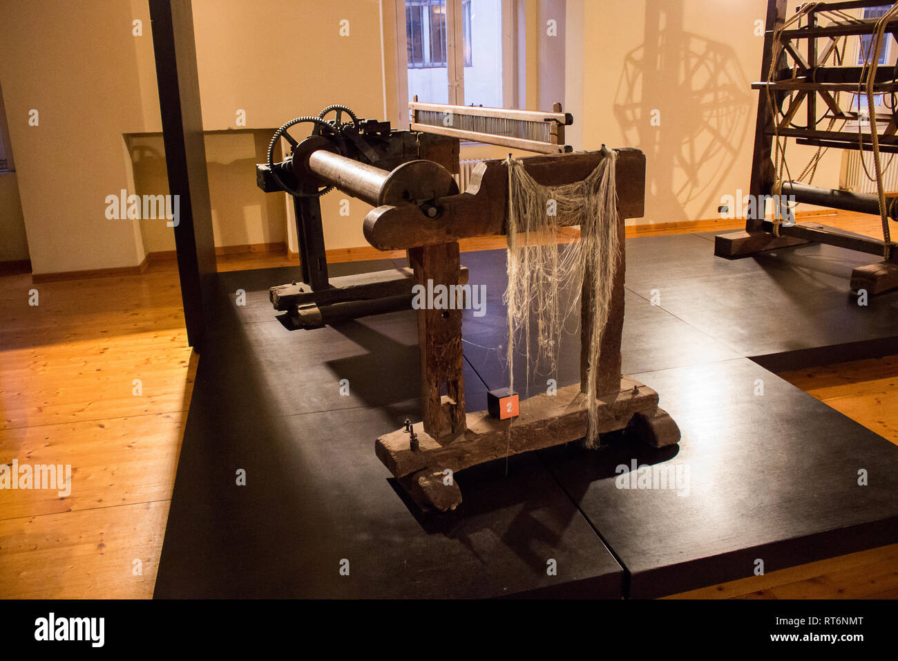 The silk works of San Lucio, Caserta, looms weaving the silk of the Bourbons Stock Photo