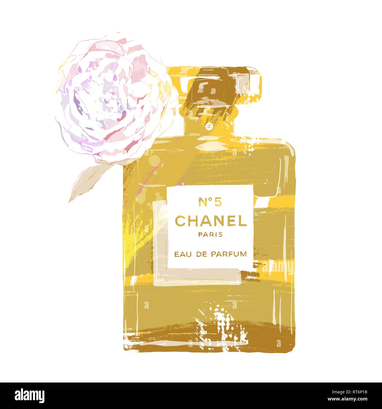 Coco Chanel Red No 5 Perfume Bottle With Flower Stock Photo