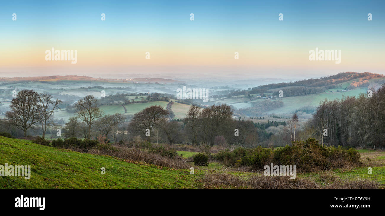 A view across fields towards the Black mountains, Monmouthshire, Wales. Stock Photo