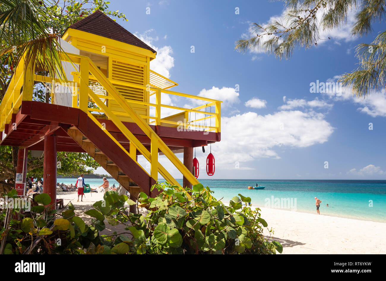 Colourful lifeguard lookout, Grand Anse Bay, Saint George Parish, Grenada, Lesser Antilles, Caribbean Stock Photo