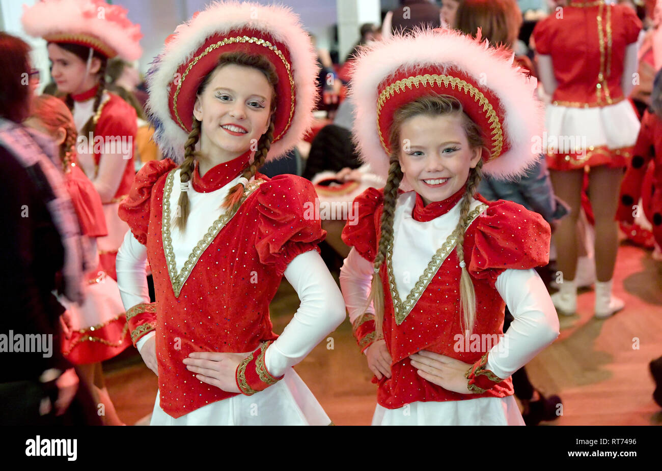 Marne, Germany. 24th Feb, 2019. Two dance mariechs at a performance at the children's carnival. The girls from the north German carnival stronghold Marne have about ten appearances during the foolish time in the north. There are no problems with the young dancers, who are divided into age groups. (to dpa 'The people behind the dike have carnival in their blood') Credit: Carsten Rehder/dpa/Alamy Live News Stock Photo