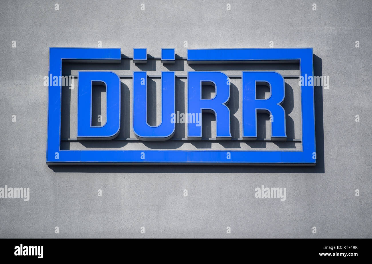 Bietigheim Bissingen, Germany. 26th Feb, 2019. The Dürr AG logo can be seen  on the facade of the company's headquarters. The mechanical engineering  company Dürr presents its annual figures on February 28., image size:1300x923