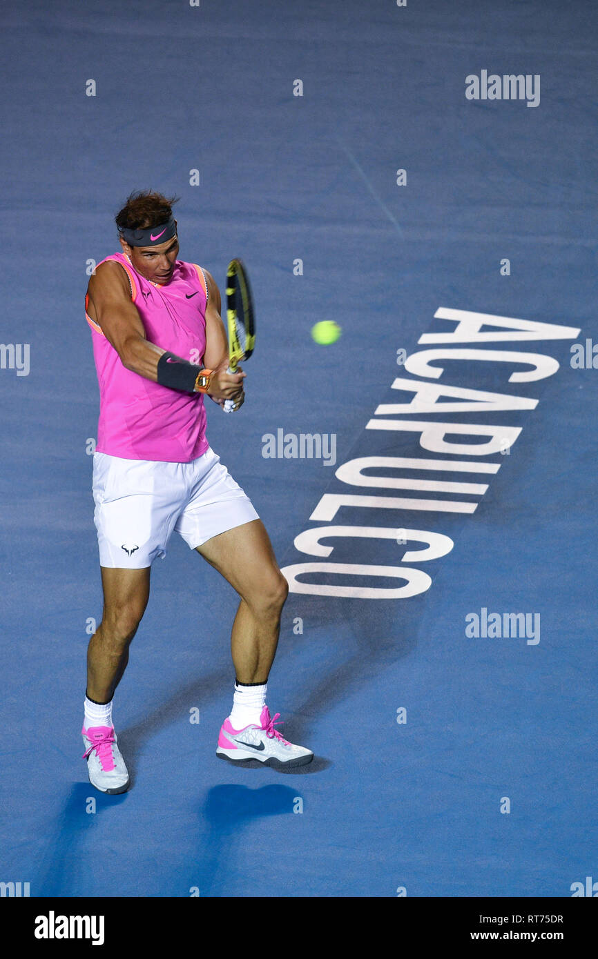 190228) -- ACAPULCO, Feb. 28, 2019 -- Rafael Nadal of Spain returns a hit  during the men's singles second round match against Nick Kyrgios of  Australia at the 2019 ATP Mexican Open