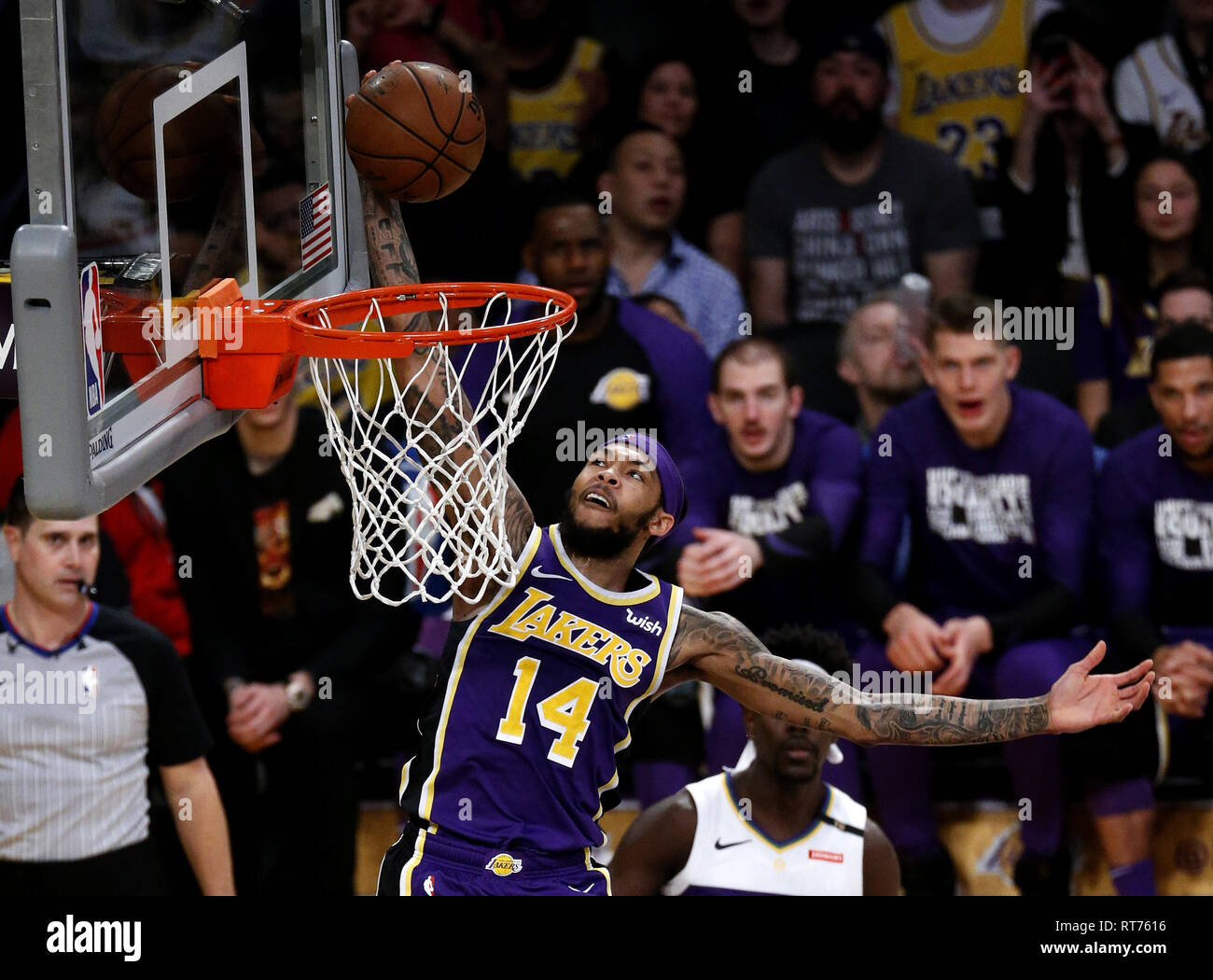 February 27, 2019 - Los Angeles, California, U.S - Los Angeles LakersÃ• Brandon  Ingram (14) dunks during an NBA basketball game between Los Angeles Lakers  and New Orleans Pelicans Wednesday, Feb. 27