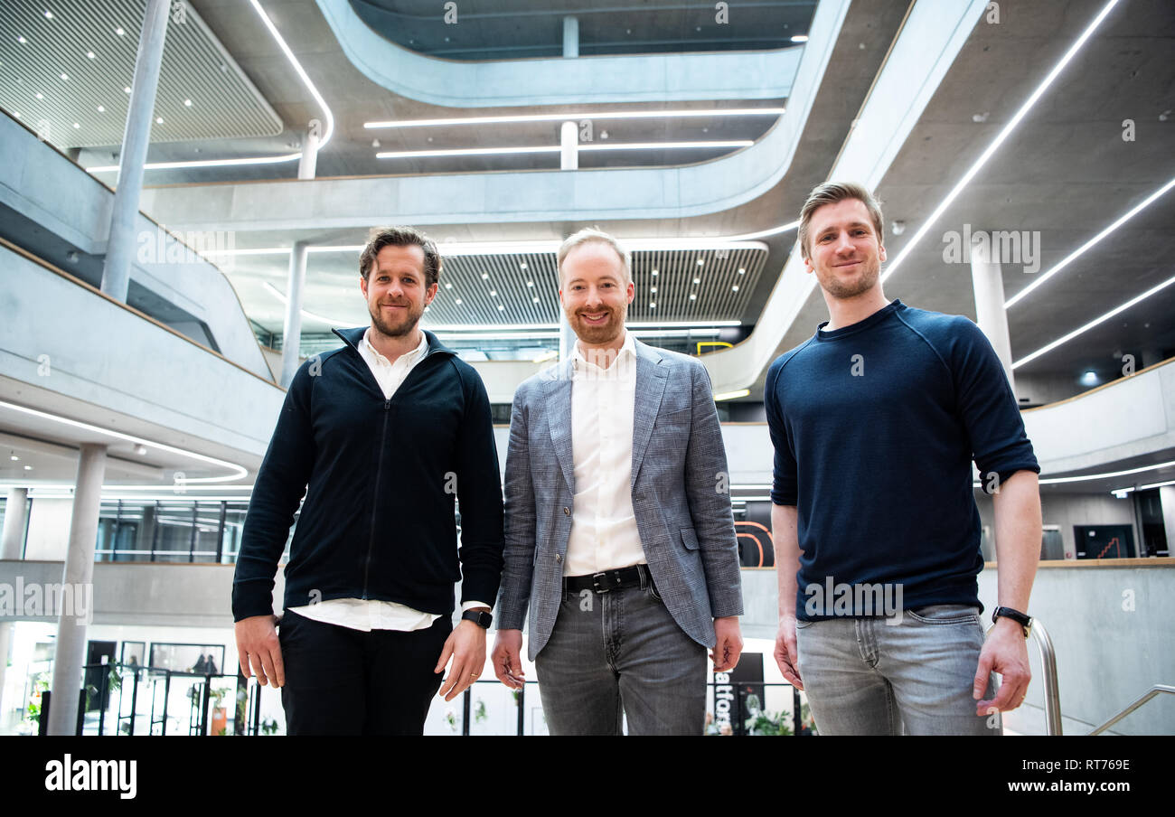 Berlin, Germany. 28th Feb, 2019. The Zalando board members David Schneider  (r), Robert Gentz (l) and Rubin Ritter present the year 2018 at a press  conference at the new company headquarters in