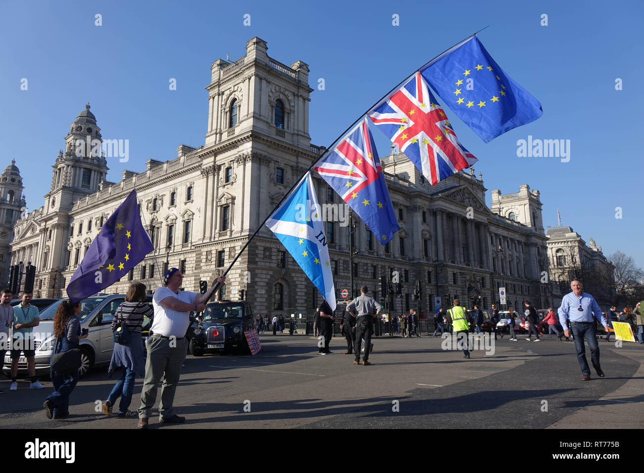 Westminster, London, UK. 27th Feb, 2019. Anti-Brexit Activist demonstrate opposite Palace Of Westminster in London. Credit: Thomas Krych/Alamy Live News Stock Photo