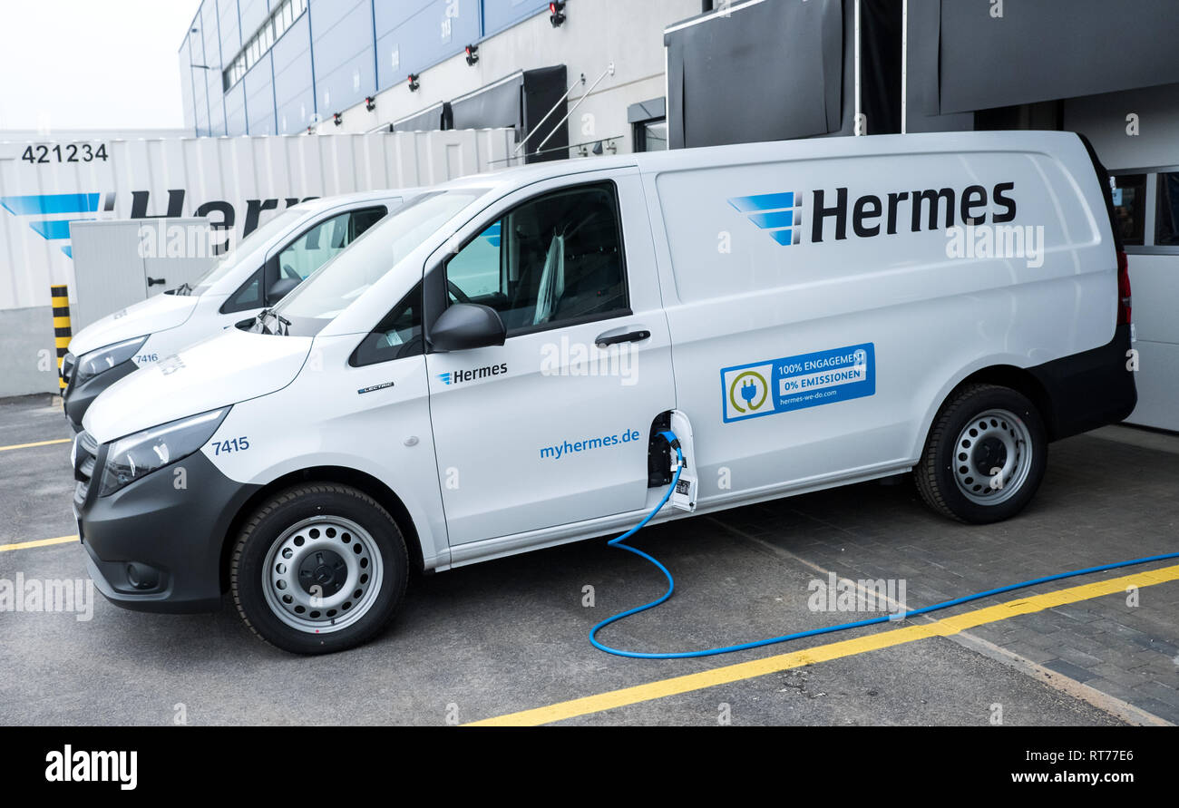 Hamburg, Germany. 28th Feb, 2019. A delivery van with electric drive from  the service company Hermes is standing in front of a newly commissioned  logistics centre in the Billbrook district. Credit: Daniel