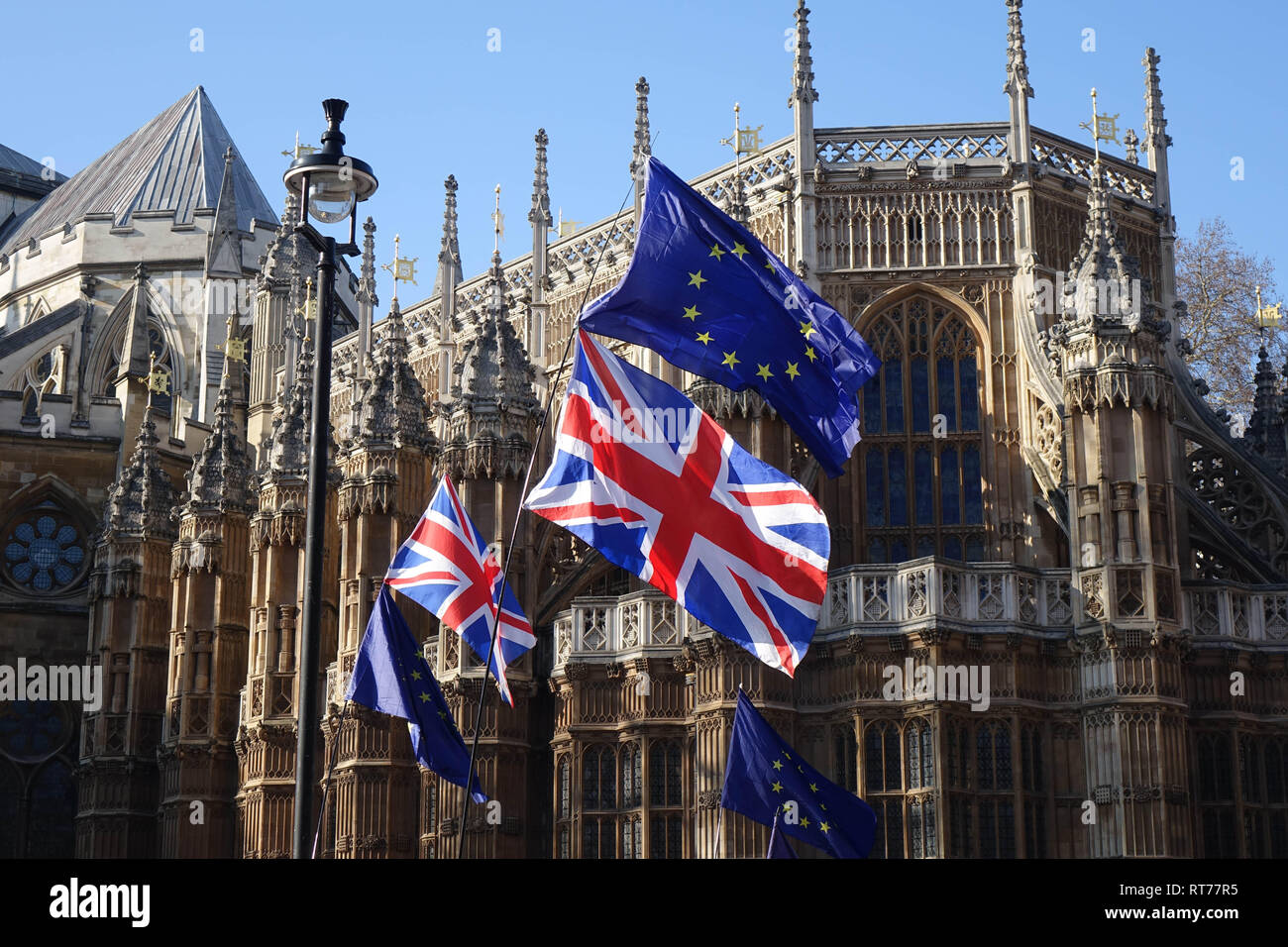 London, UK. 27th Feb, 2019. Anti-Brexit Activist demonstrate opposite Palace Of Westminster in London. Credit: Thomas Krych/Alamy Live News Stock Photo