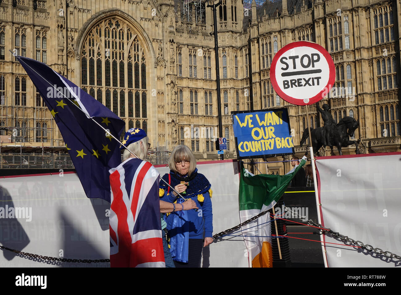 London, UK. 27th Feb, 2019. Anti-Brexit Activist demonstrate opposite Palace Of Westminster in London. Credit: Thomas Krych/Alamy Live News Stock Photo