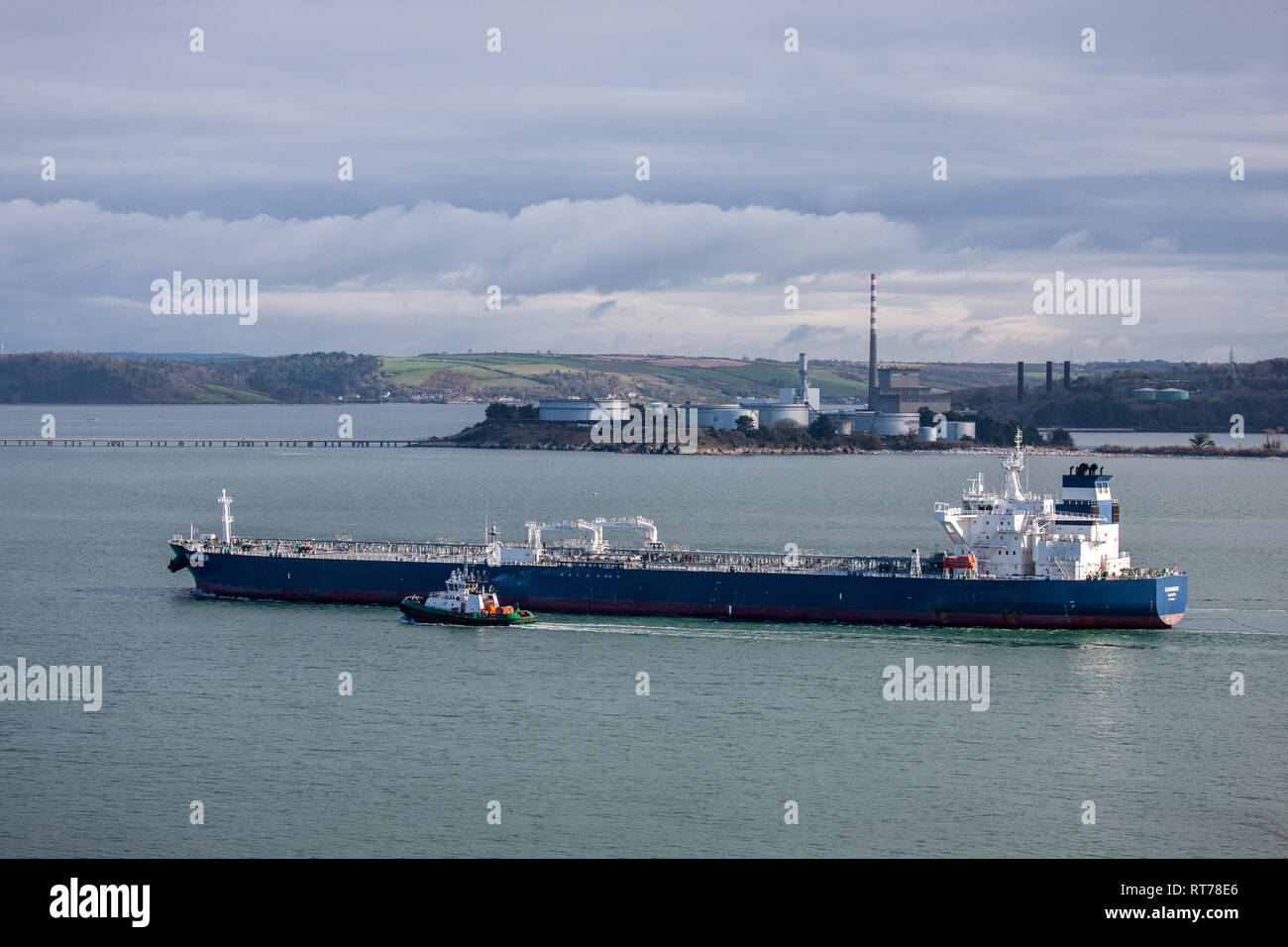 Whitegate, Cork, Ireland. 28th Feb, 2019. Port of Cork tug Alex assist the 250 meter oil tanker Searanger as she makes her way to a berth at the Whitegate Oil Refinery in Co. Cork, Ireland. Credit: David Creedon/Alamy Live News Stock Photo