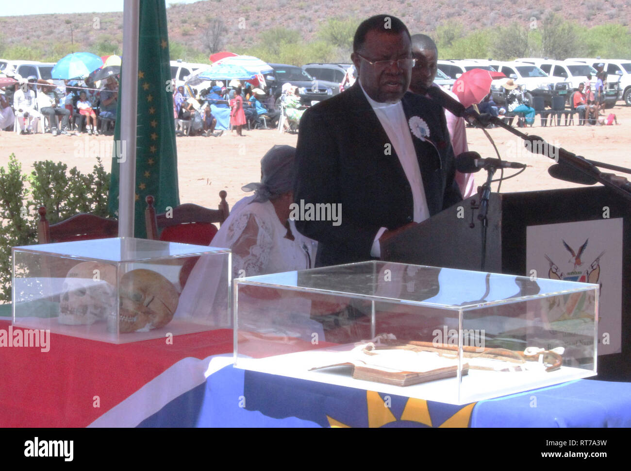 HANDOUT - 28 February 2019, Namibia, Gibeon: Namibia's head of state Hage Geingob speaks at the handover of cultural assets stolen during colonial times. The two objects, a whip and a Bible, belonged to Hendrik Witbooi, a leader of the Nama people and Namibian national hero. So far they have been stored in the Linden Museum in Stuttgart. (to dpa 'Baden-Württemberg gives important cultural assets back to Namibia' from 28.02.2019) Photo: Frank Steffen/Allgemeine Zeitung Namibia/dpa - ATTENTION: Only for editorial use in connection with the current reporting and only with complete mention of the Stock Photo