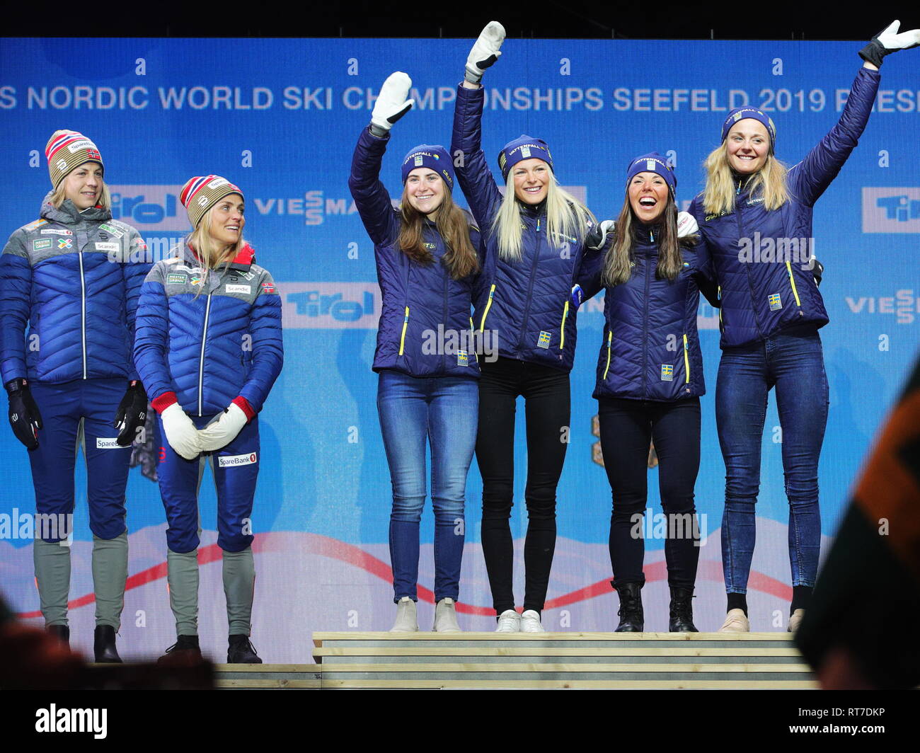 Seefeld Austria 28th Feb 2019 Austria 28th Feb 2019 Silver Medalists Cross Country Skiers Astrid Uhrenholdt Jacobsen And Therese Johaug Of Norway Gold Medalists Cross Country Skiers Ebba Andersson Frida Karlsson Charlotte Kalla And Stina