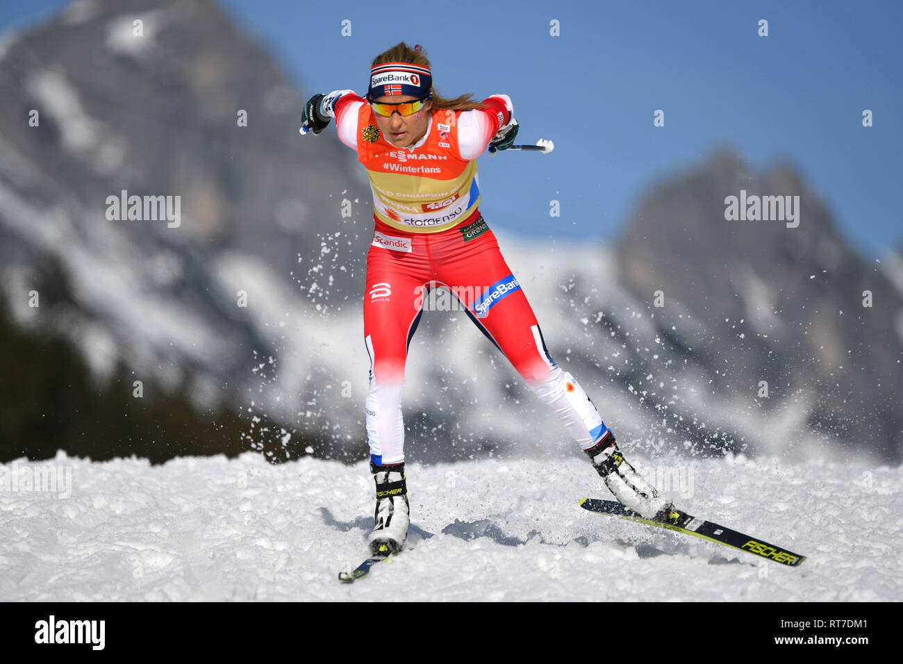 Seefeld, Austria. 28th February, 2019. Therese JOHAUG (NOR), Action, Single  Action, Single Image, Cut Out, Full Body Shot, Whole Figure. Cross country  Ladies 4 x 5 km Relay Classic/Free, cross-country skiing women's