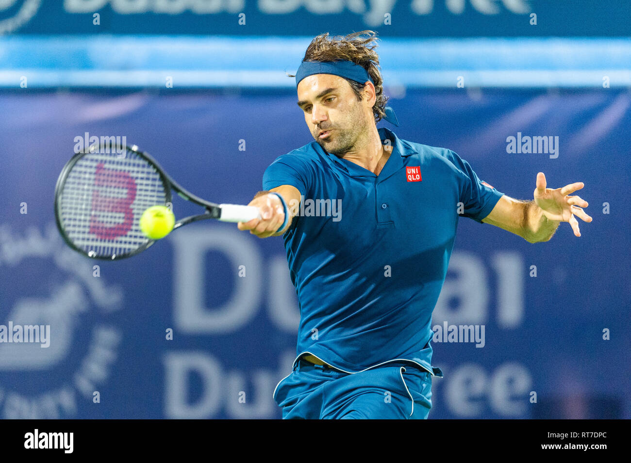 Dubai, UAE. 28th Feb 2019.Roger Federer of Switzerland plays a forehand  shot in the quarter final match against Marton Fucsovics of Hungary during  the Dubai Duty Free Tennis Championship at the Dubai