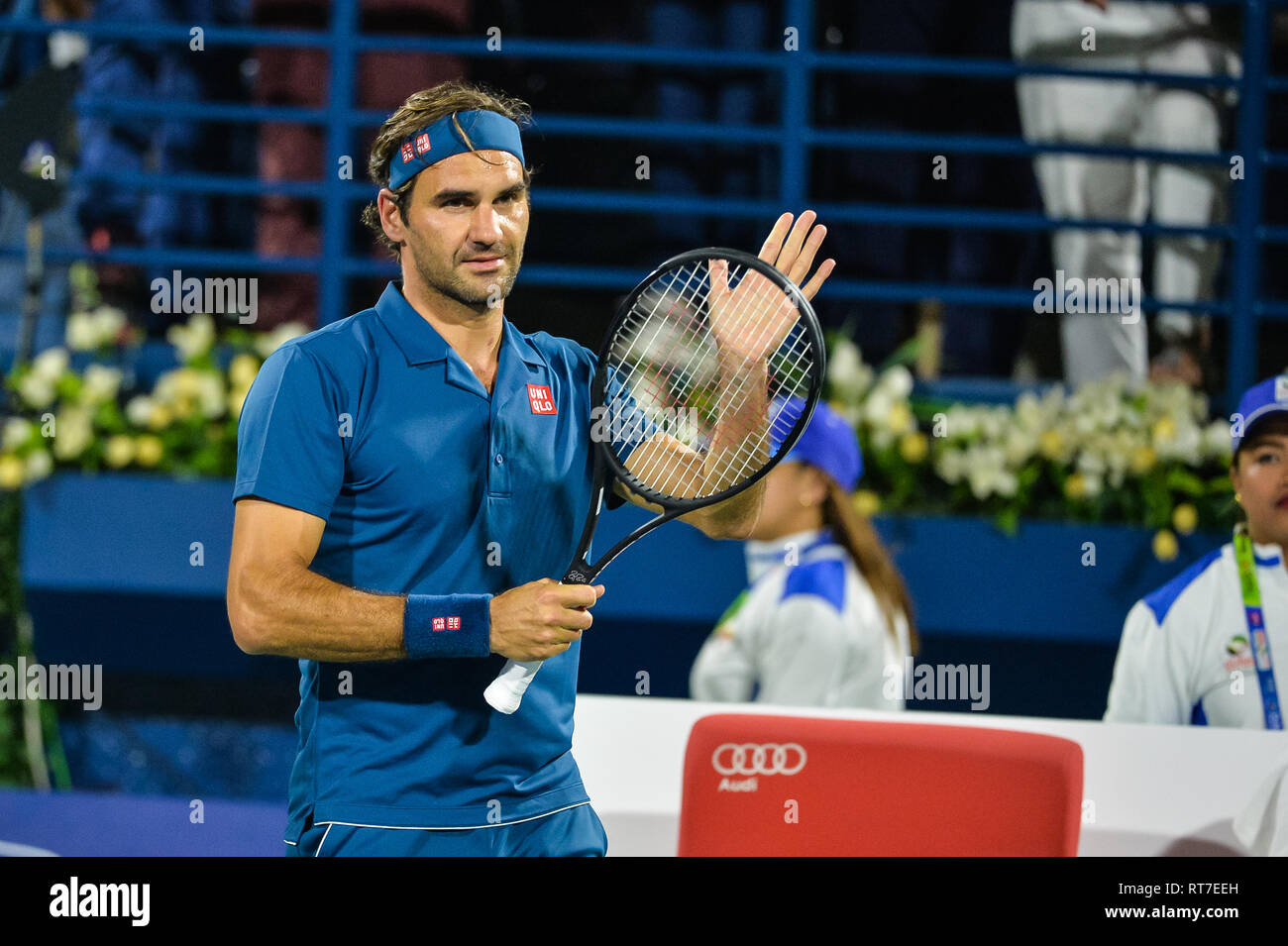 Dubai, UAE. 28th February 2019. Former World no. 1 Roger Federer of  Switzerland acknowledges the crowd after winning in straight sets against  Hungarian Marton Fucsovics in the quarter finals of the 2019