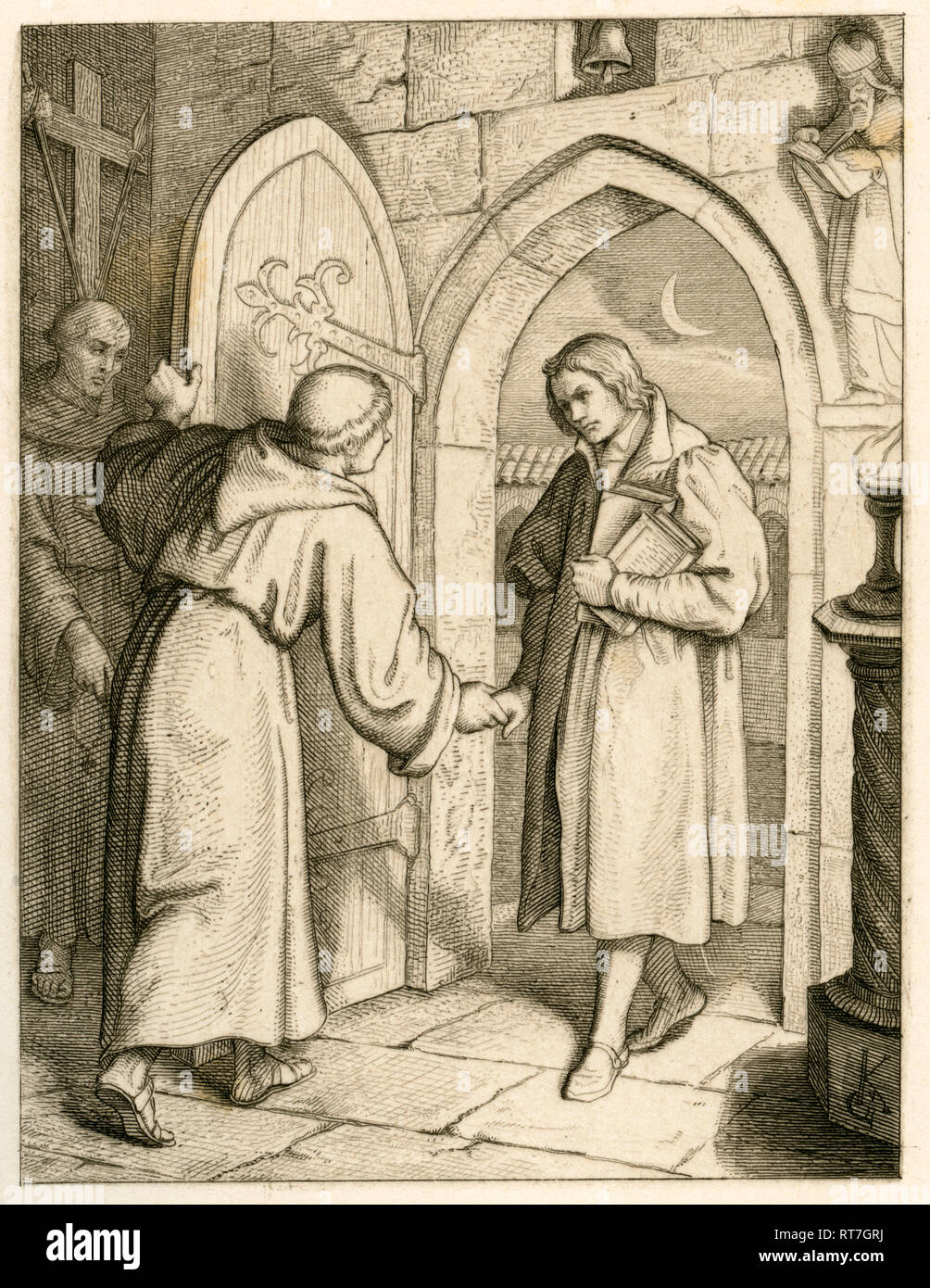 Martin Luther entered a Augustinian monastery in Erfurt, 10. 07. 1505. Illustration from: 'Dr. Martin Luther the German Reformer', illustrated by Gustav König, published by Rudolf Besser, Gotha, 1850th., Additional-Rights-Clearance-Info-Not-Available Stock Photo