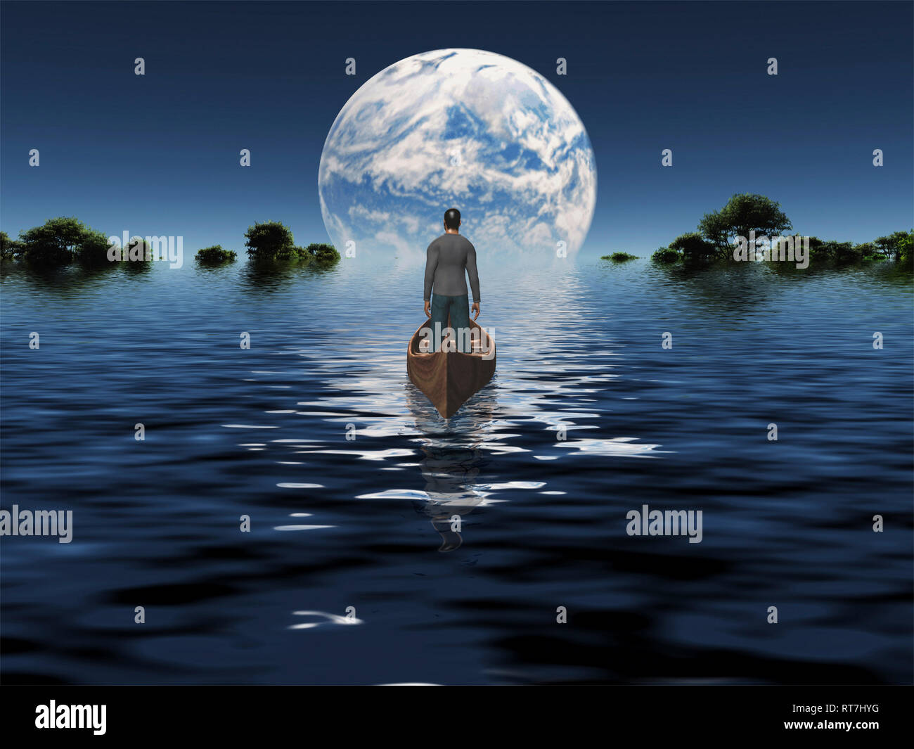 Man in a boat floats toward green horizon. rise over calm water