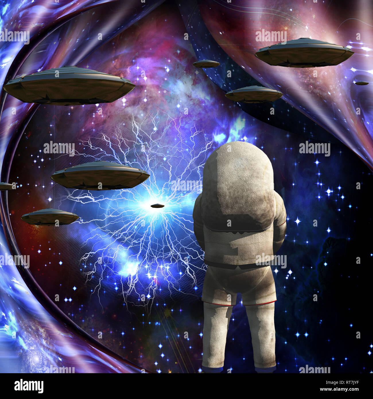 Flying saucers in deep space. Astronaut. Warped space Stock Photo Alamy