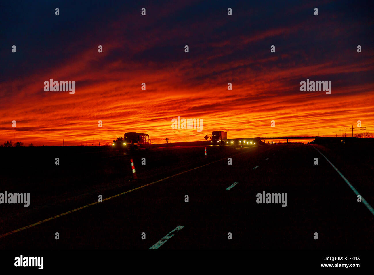 Sun in truck cars on a highway at sunrise with beautiful Stock Photo ...