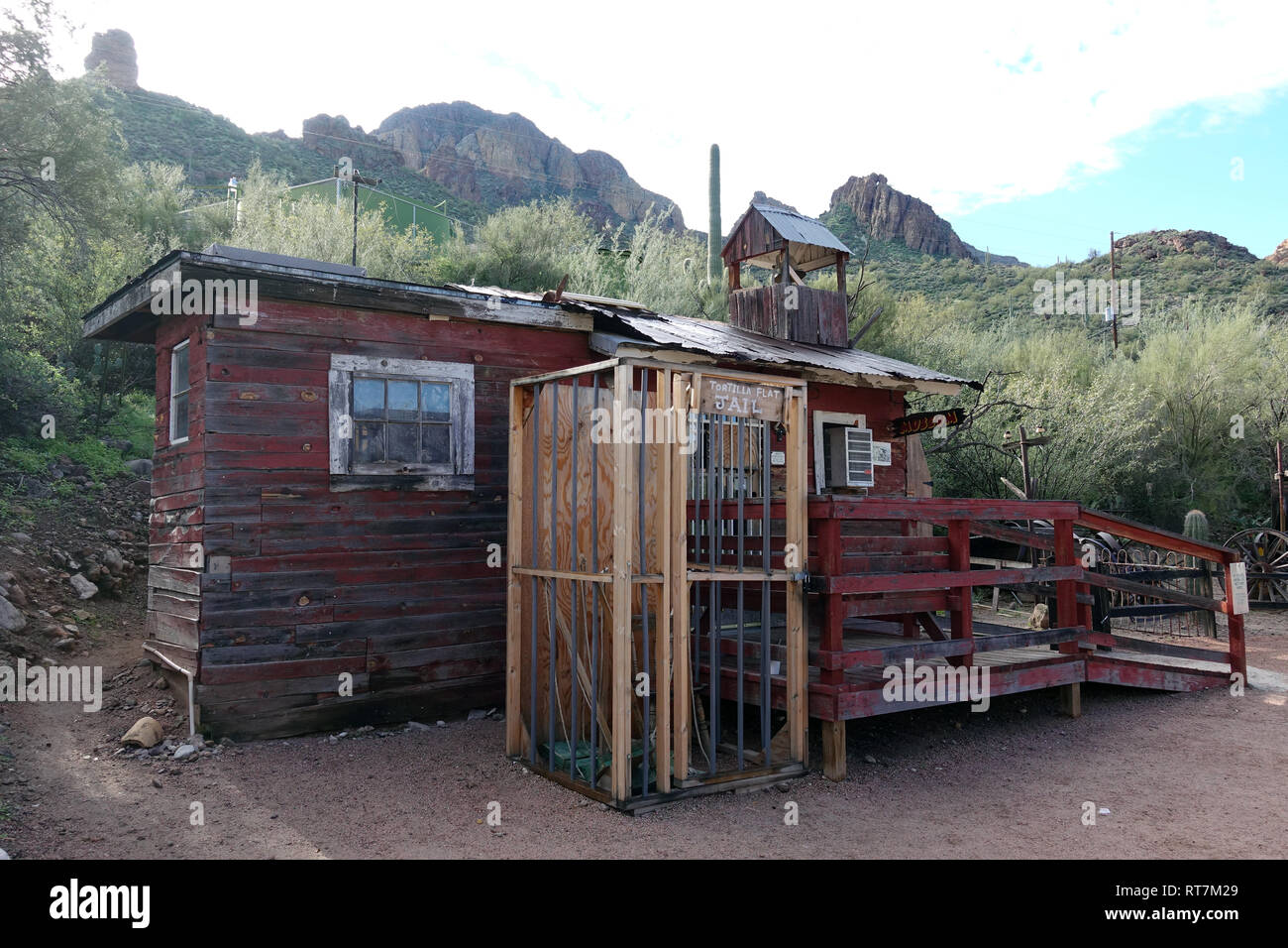 A small jail cell outside in an old gold mining town called Tortilla Flats, in the Arizona desert. Stock Photo