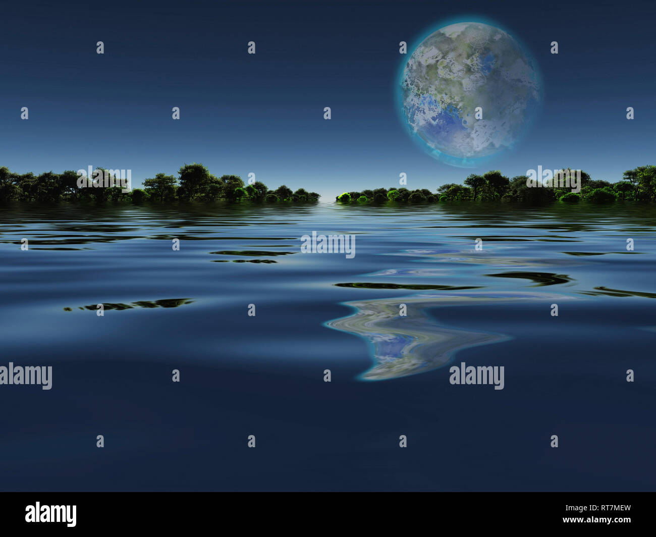 Terraformed Moon View From Earth Or Exo Solar Planet Calm Water And Green Forest At The Horizon Stock Photo Alamy
