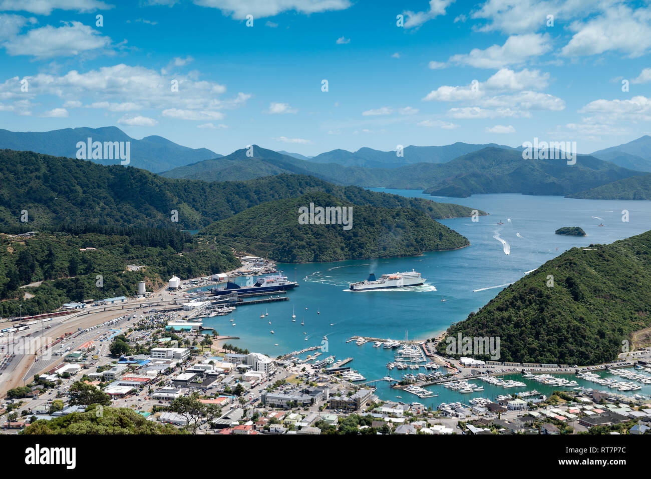 Picton town and Marlborough Sounds in New Zealand Stock Photo