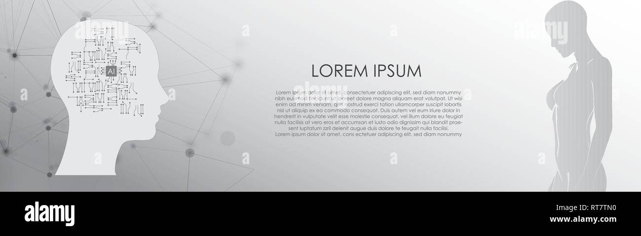 AI Artificial intelligence Concept Digital Network Banner Background Vector with Woman Droid Silhouette Stock Vector