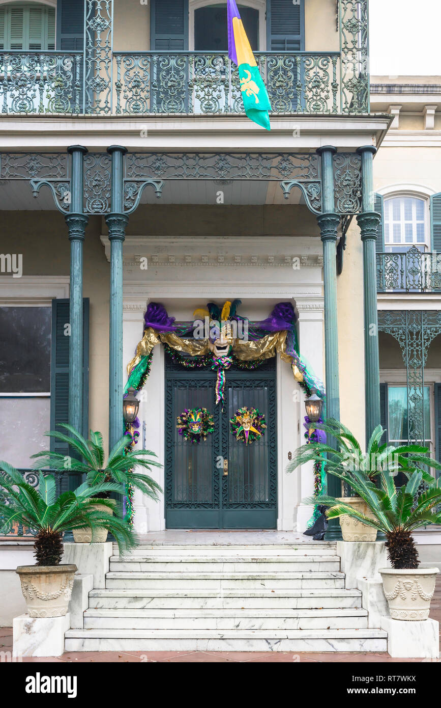 Mardi Gras Garden District, view of a typical property in the upmarket Garden District decorated for Mardi Gras, New Orleans, Louisiana, USA Stock Photo