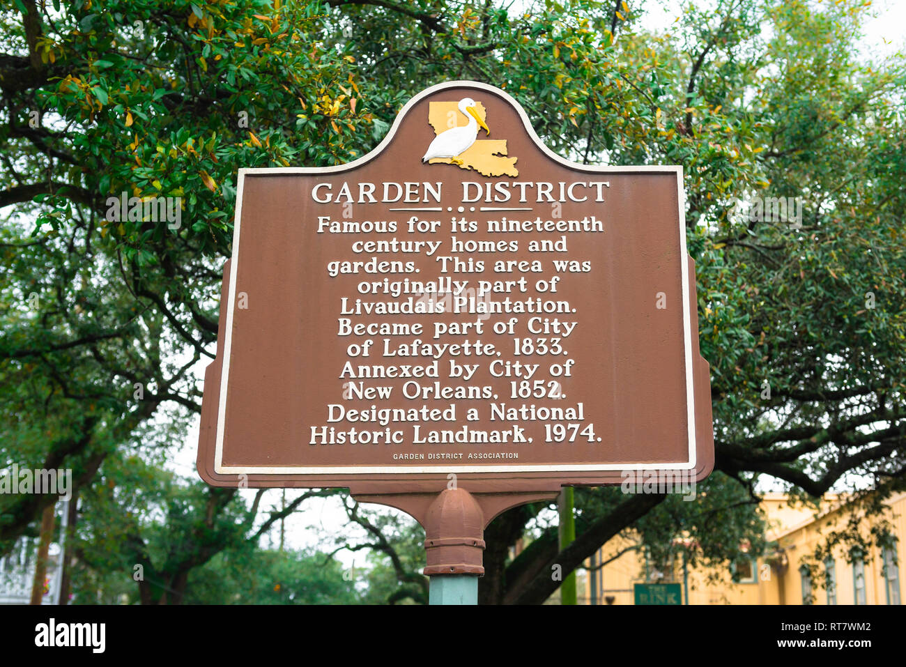 Garden District New Orleans, view of a sign in the Garden District of New Orleans giving information about the origins and history of the area, USA Stock Photo