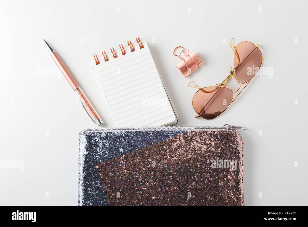 Glitter Bag With Pen Notepad And Sunglasses Pink Gold