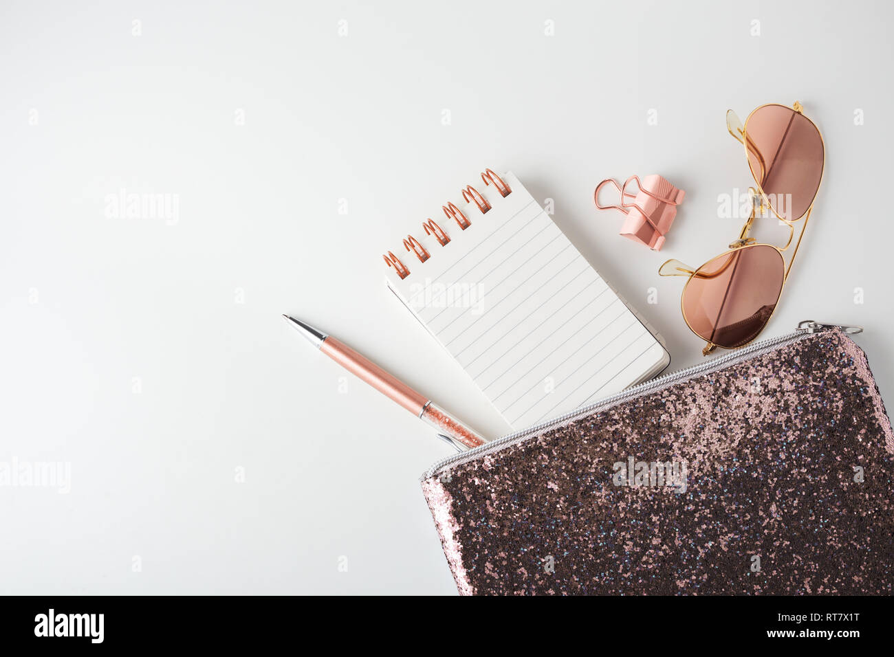 Glitter Bag With Pen Notepad And Sunglasses Pink Gold