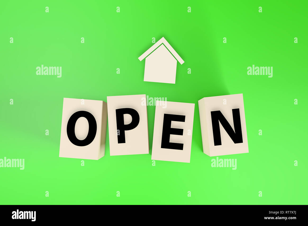Open text boxes with home icon on colored background with copy space ...