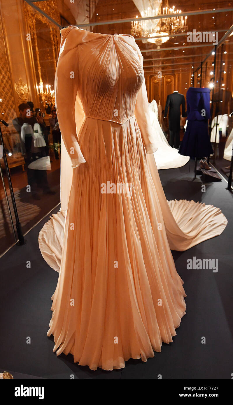 The evening reception dress worn by Princess Eugenie during her wedding to  Mr Jack Brooksbank on display at Windsor Castle Stock Photo - Alamy
