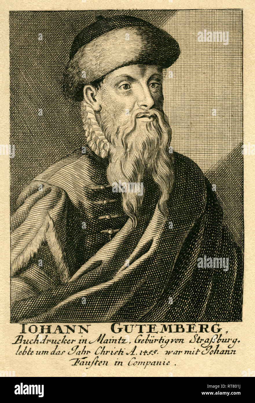 Johannes Gutenberg, book printer in Mainz, copperplate engraving, around 1725, Artist's Copyright has not to be cleared Stock Photo