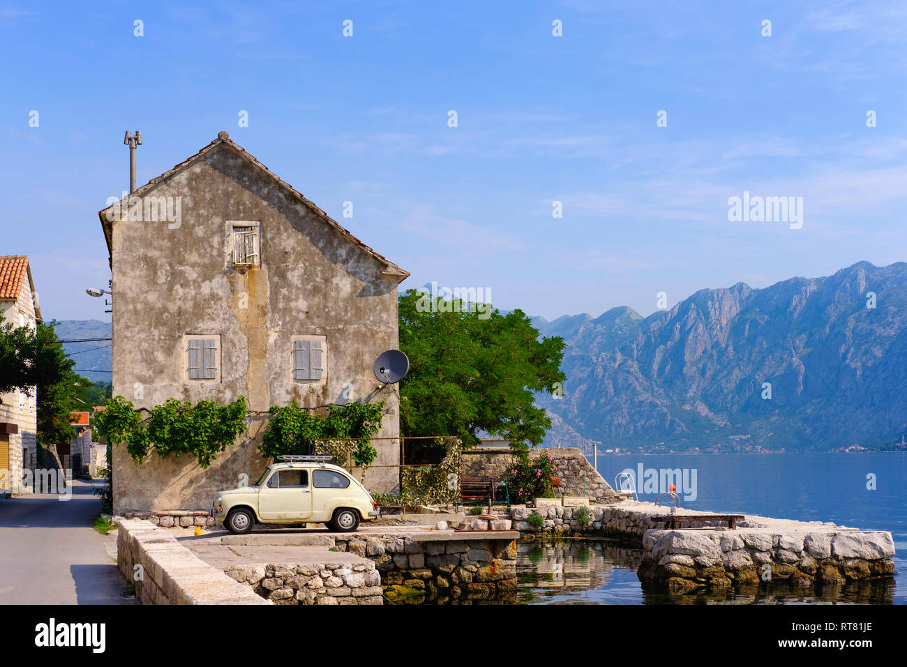 Montenegro, Bay of Kotor, Muo, Fiat 500 Stock Photo