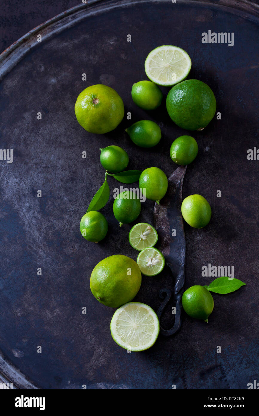 Sliced and whole limequats, limes, leaves and old knife on dark ground Stock Photo