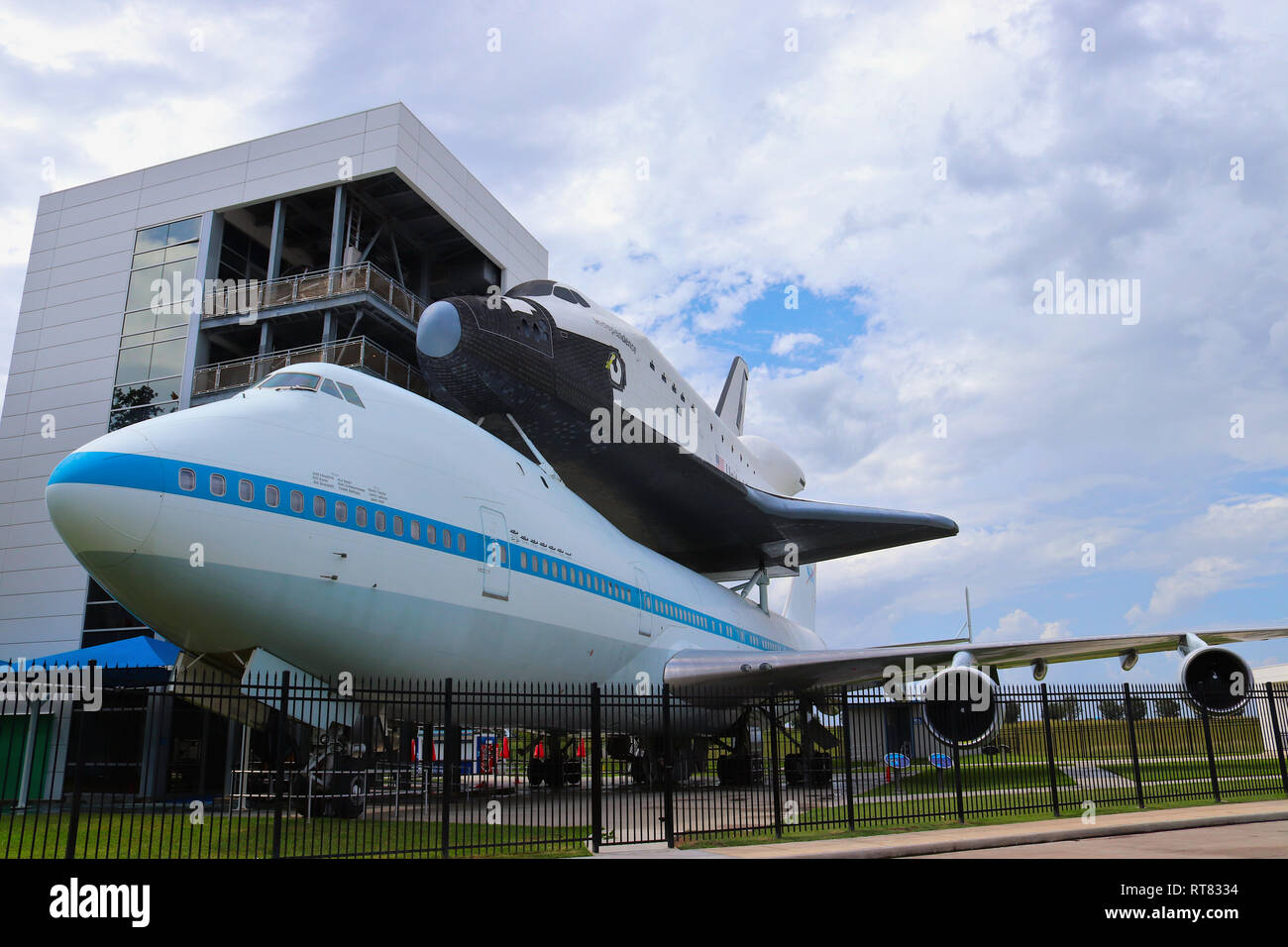 HOUSTON, TEXAS, USA - JUNE 9, 2018: The NASA Space Shuttle Independence sits atop the NASA 905 Shuttle Carrier Aircraft at Space Center Houston, Texas Stock Photo