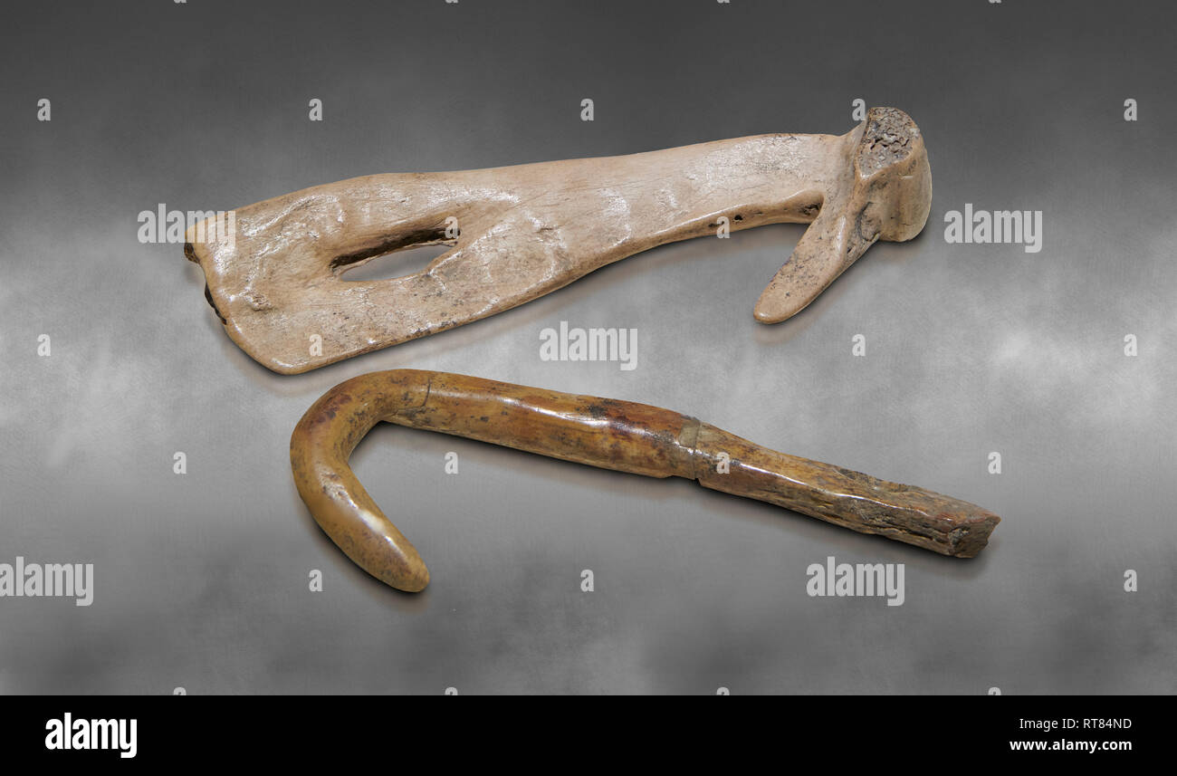 Neolithic bone fishing hooks. 6000 BC. Catalhoyuk Collections. Museum of Anatolian Civilisations, Ankara Stock Photo