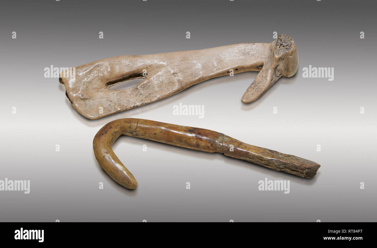 Neolithic bone fishing hooks. 6000 BC. Catalhoyuk Collections. Museum of Anatolian Civilisations, Ankara Stock Photo