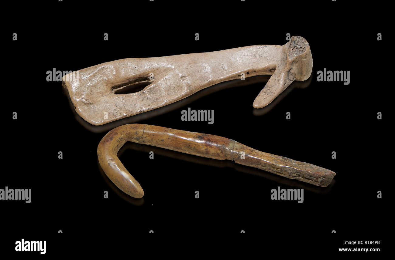 Neolithic bone fishing hooks. 6000 BC. Catalhoyuk Collections. Museum of Anatolian Civilisations, Ankara Stock Photo