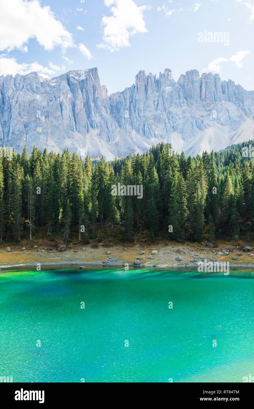 Italy, South Tyrol, Dolomites, Latemar mountain seen from Lago di Carezza Stock Photo