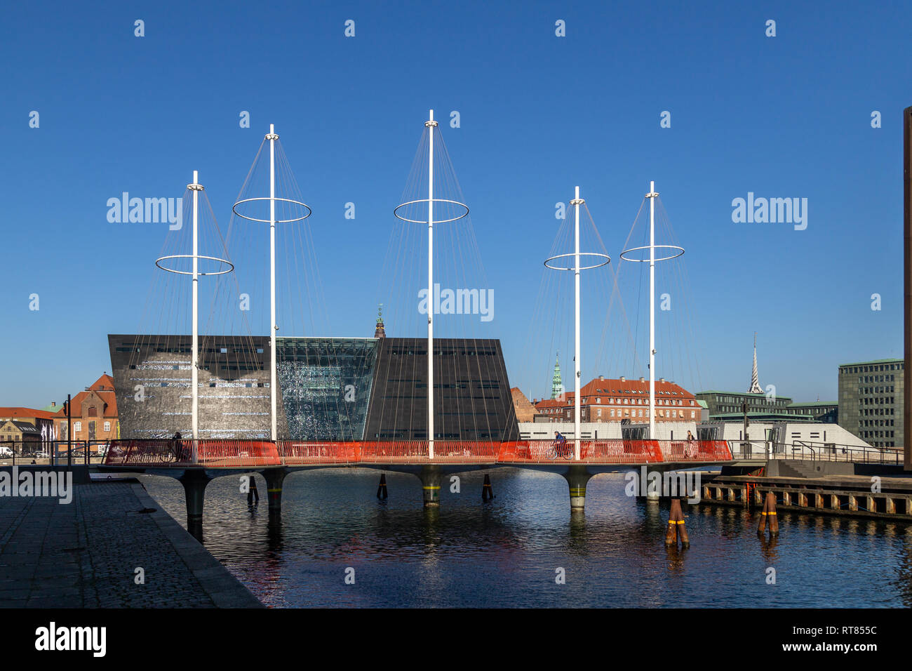 Copenhagen, Denmark - February 27, 2018: The modern Circle Bridge, a pedestrian bridge in the harbour area. Stock Photo