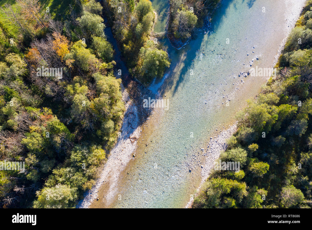 Germany, Upper Bavaria, Aerial view of Isar river near Lenggries Stock Photo